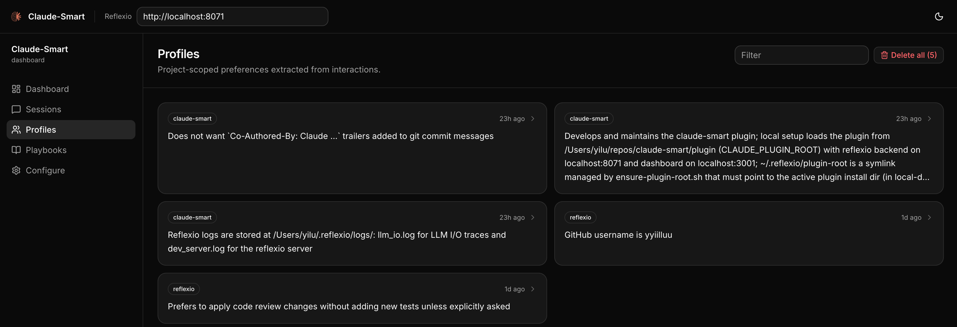 Preferences dashboard