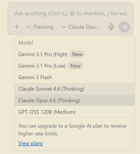 Antigravity 中内置的美国大模型