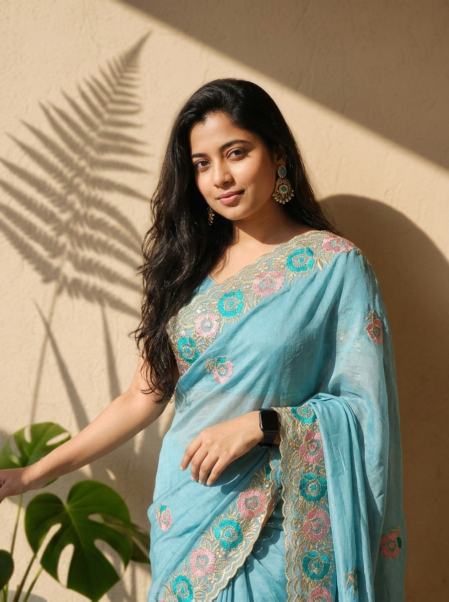 TAARA - Teal-blue Chiffon Saree