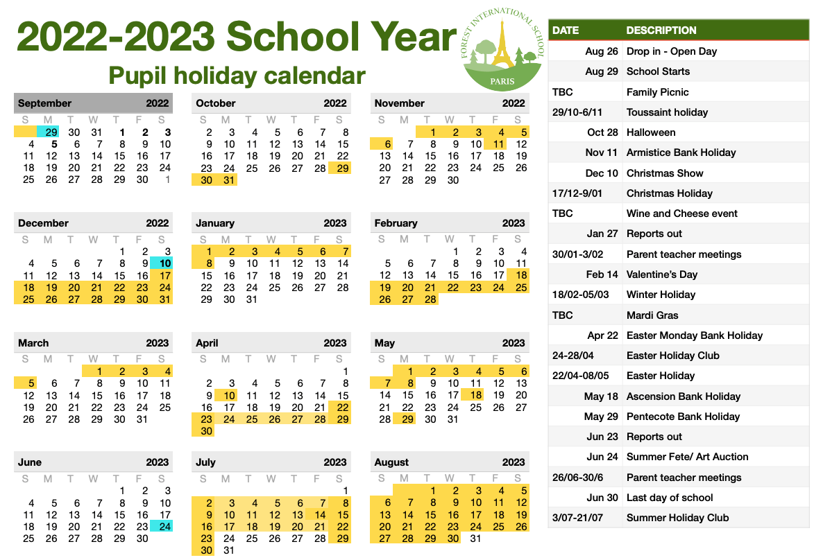 School Calendar Forest International School Paris