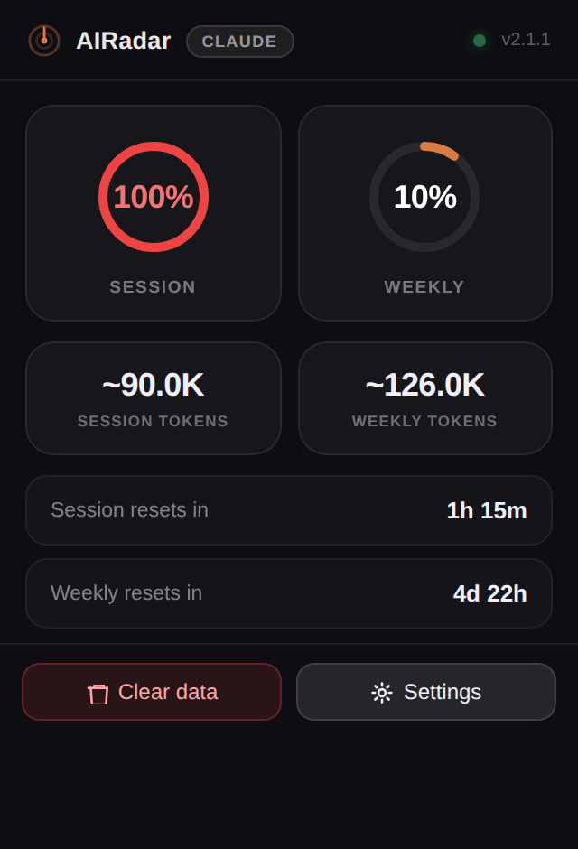 AIRadar toolbar popup