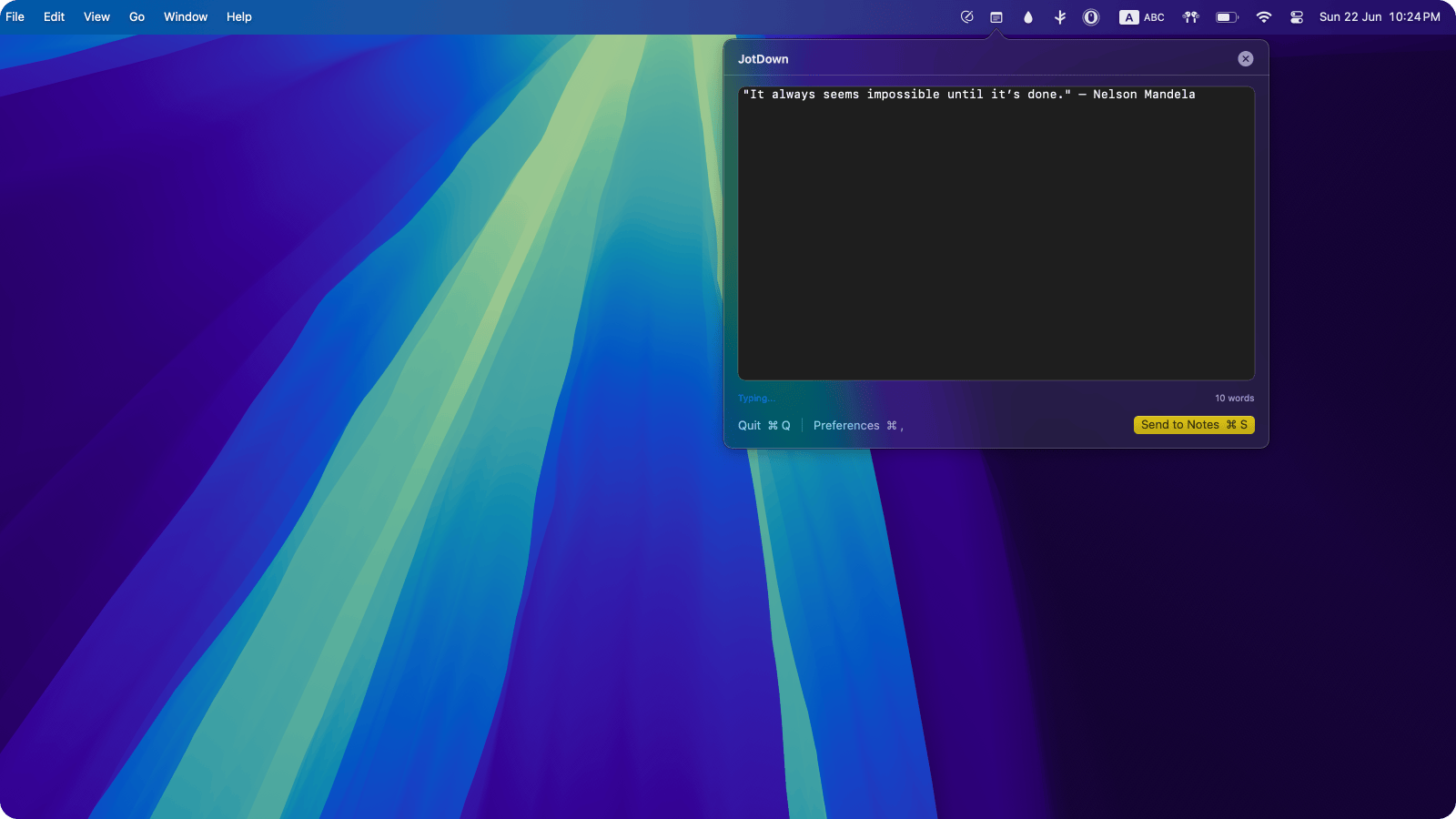Screenshot of the JotDown application open from the menubar