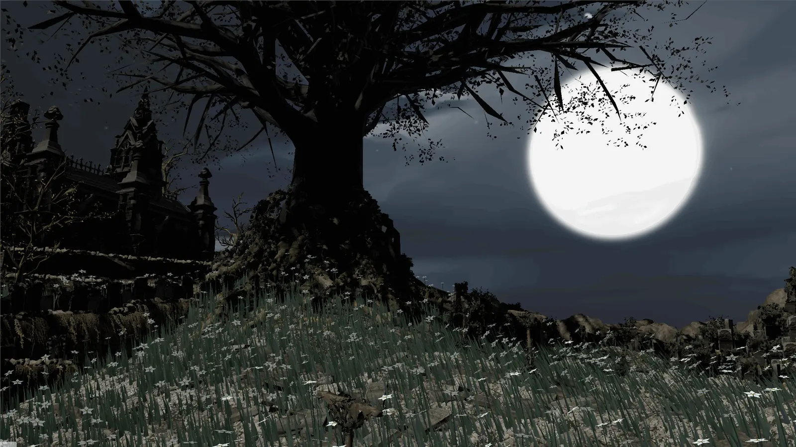 GPU simulated grass and flowers moving in the Hunter's Dream scene