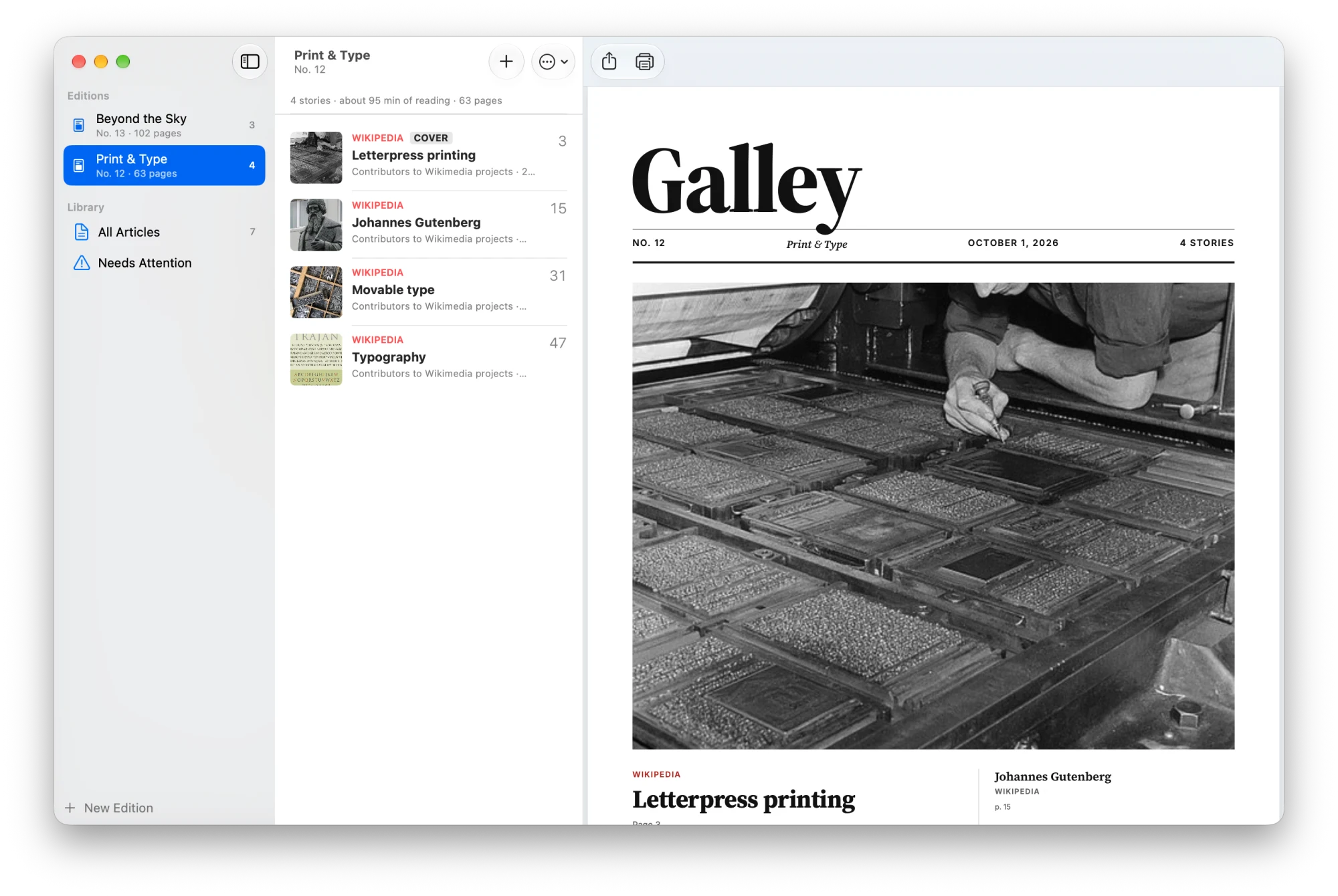 The Galley window: editions in the sidebar, the articles of “Print & Type”, and its magazine cover in the preview