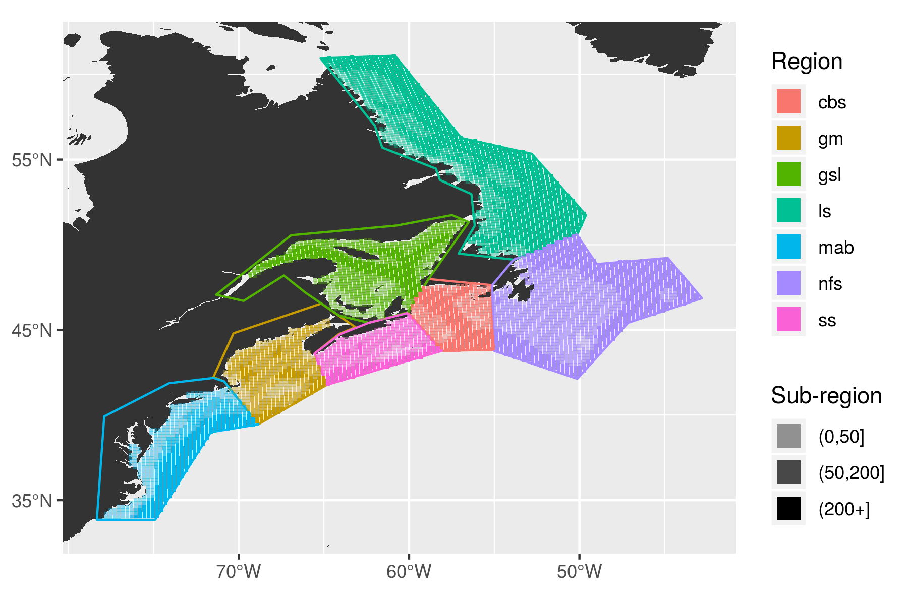 The regions of the coast were devided up by their temperature and salinity regimes based on work by @Richaud2016. The region abbreviations are: gm = Gulf of Maine, gls = Gulf of St. Lawrence, ls = Labrador Shelf, mab = Mid-Atlantic Bight, nfs = Newfoundland Shelf, ss = Scotian Shelf. The regions were furthered divided into sub-regions based on their depth.