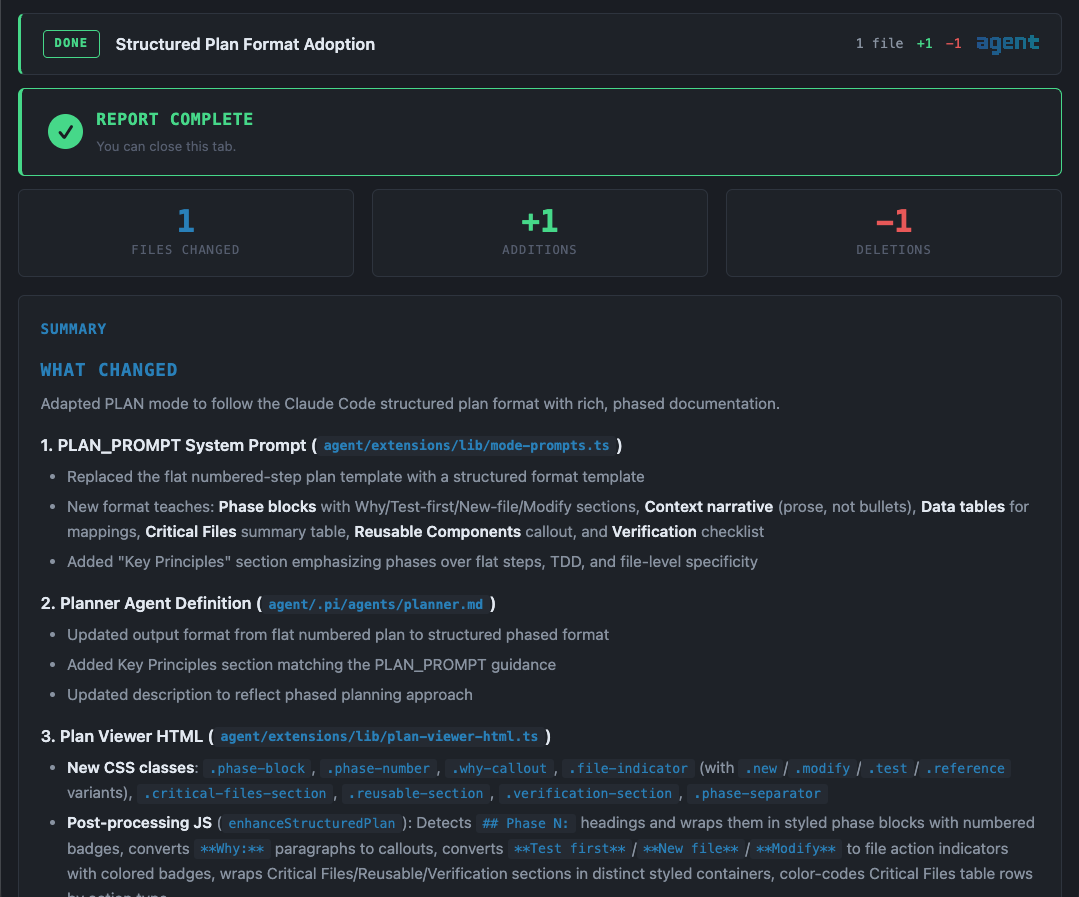 Completion Report — file change stats, summary, and unified diffs with rollback