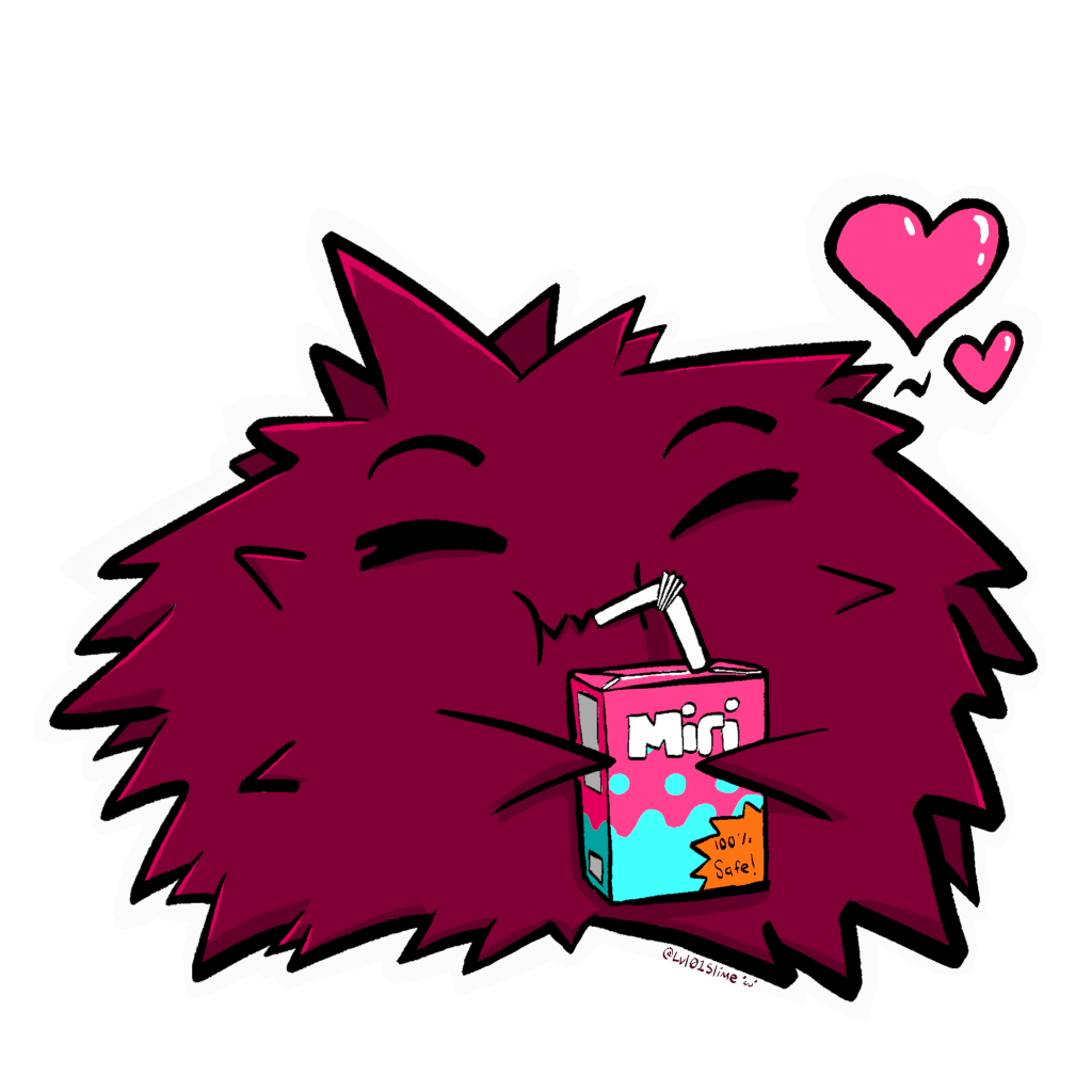 Corro, the Unsafe Rusturchin, drinking from a juice bottle labeled 'Miri - 100% safe'