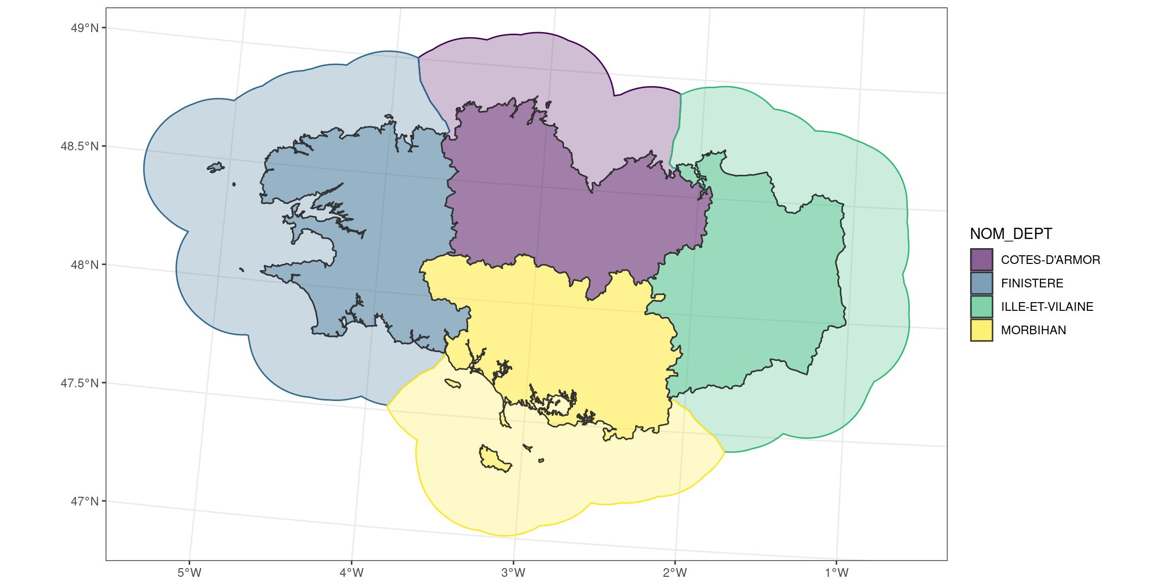 a group of adjacent marine areas with a colour coded spatial buffer added.