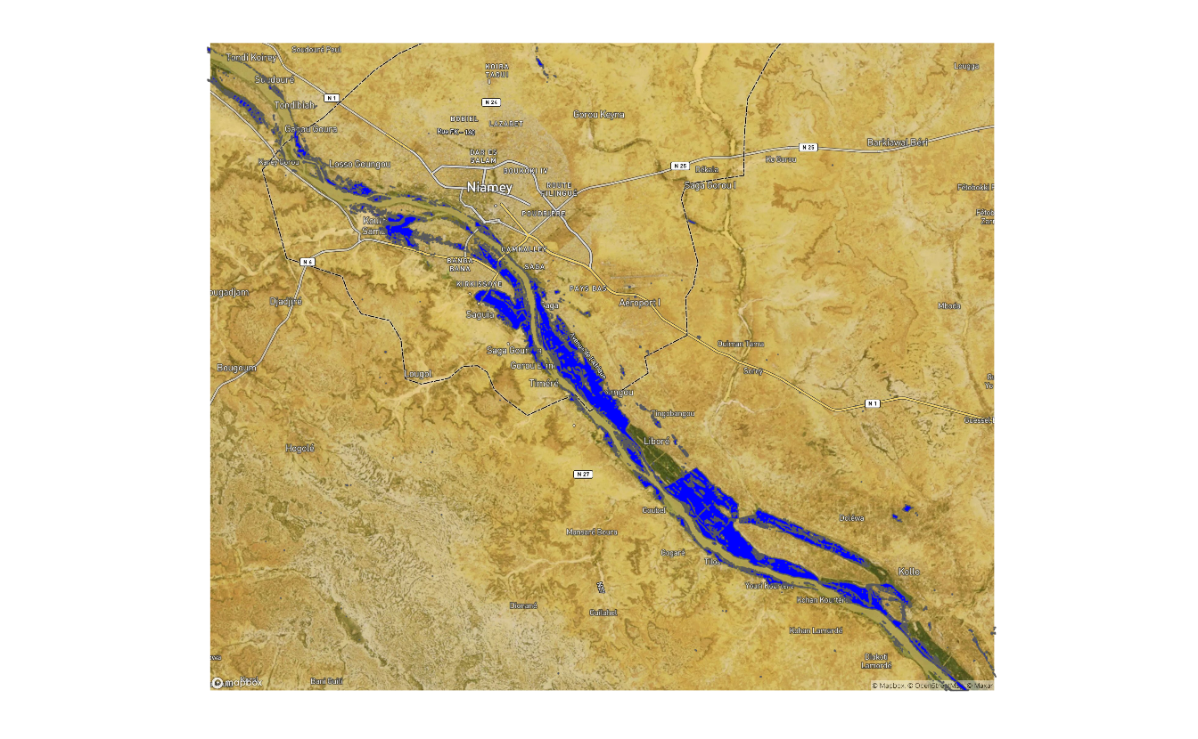 A map of desert terrain showing a blue area corresponding to flooding