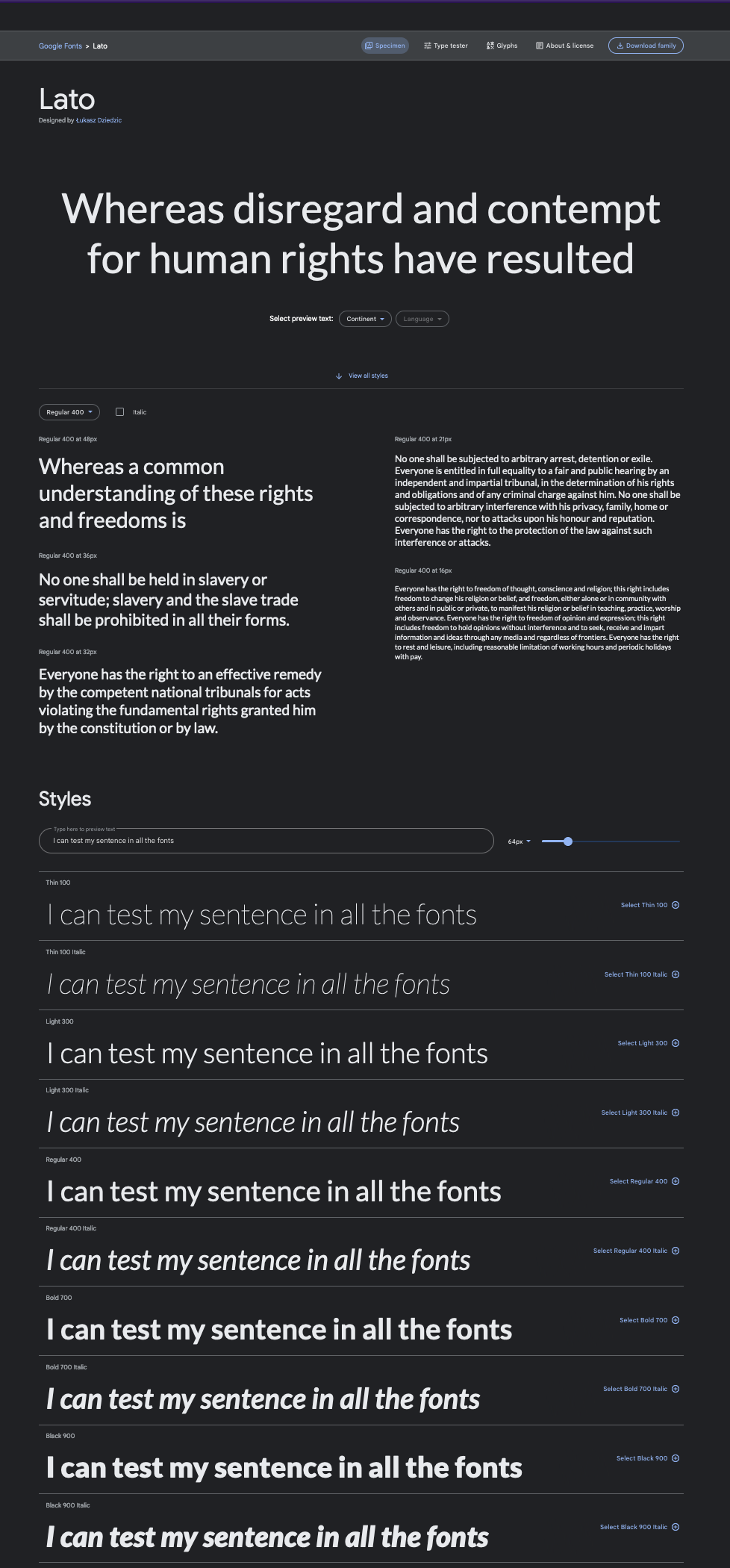 google fonts Lato font page