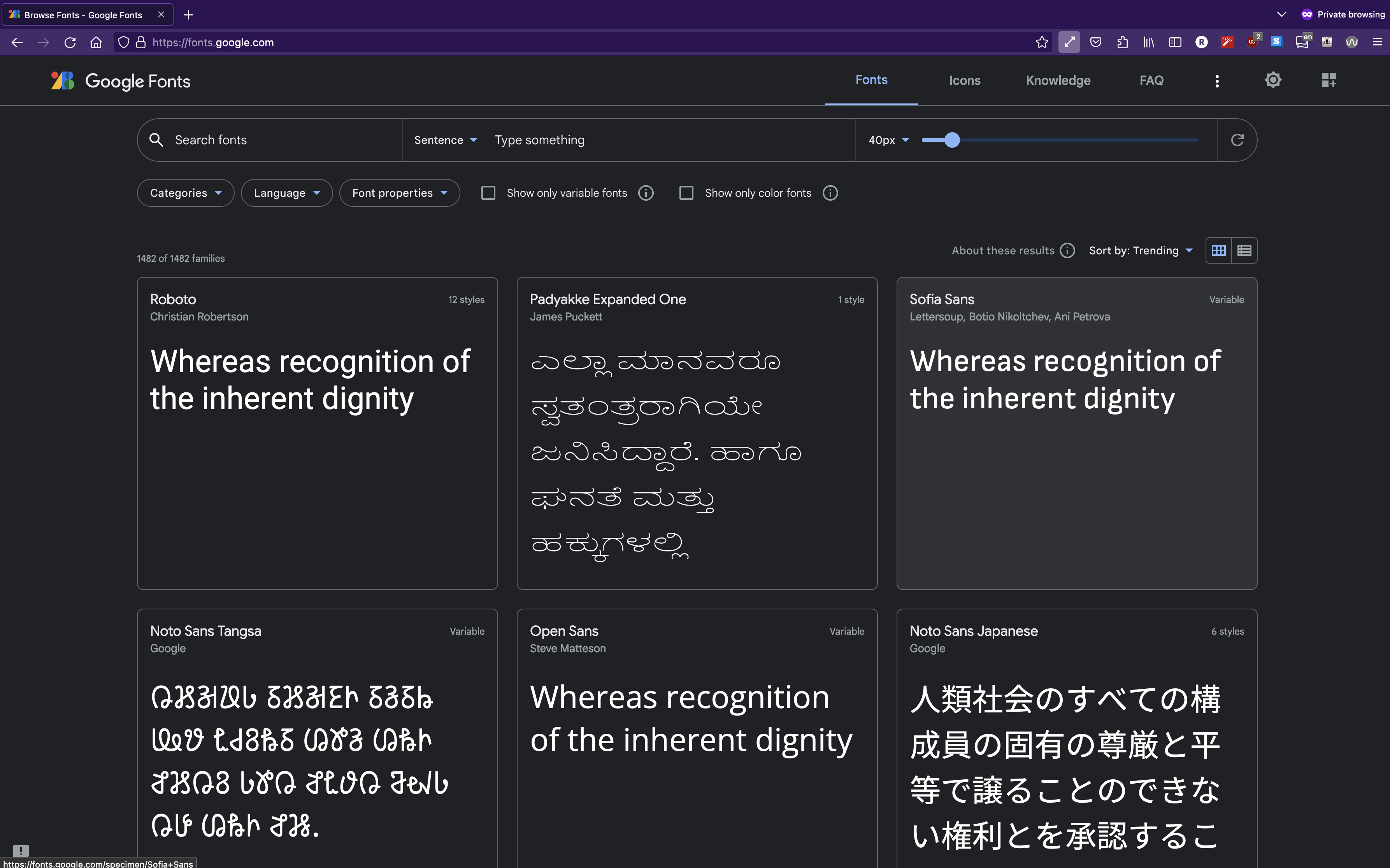 google fonts homepage screenshot