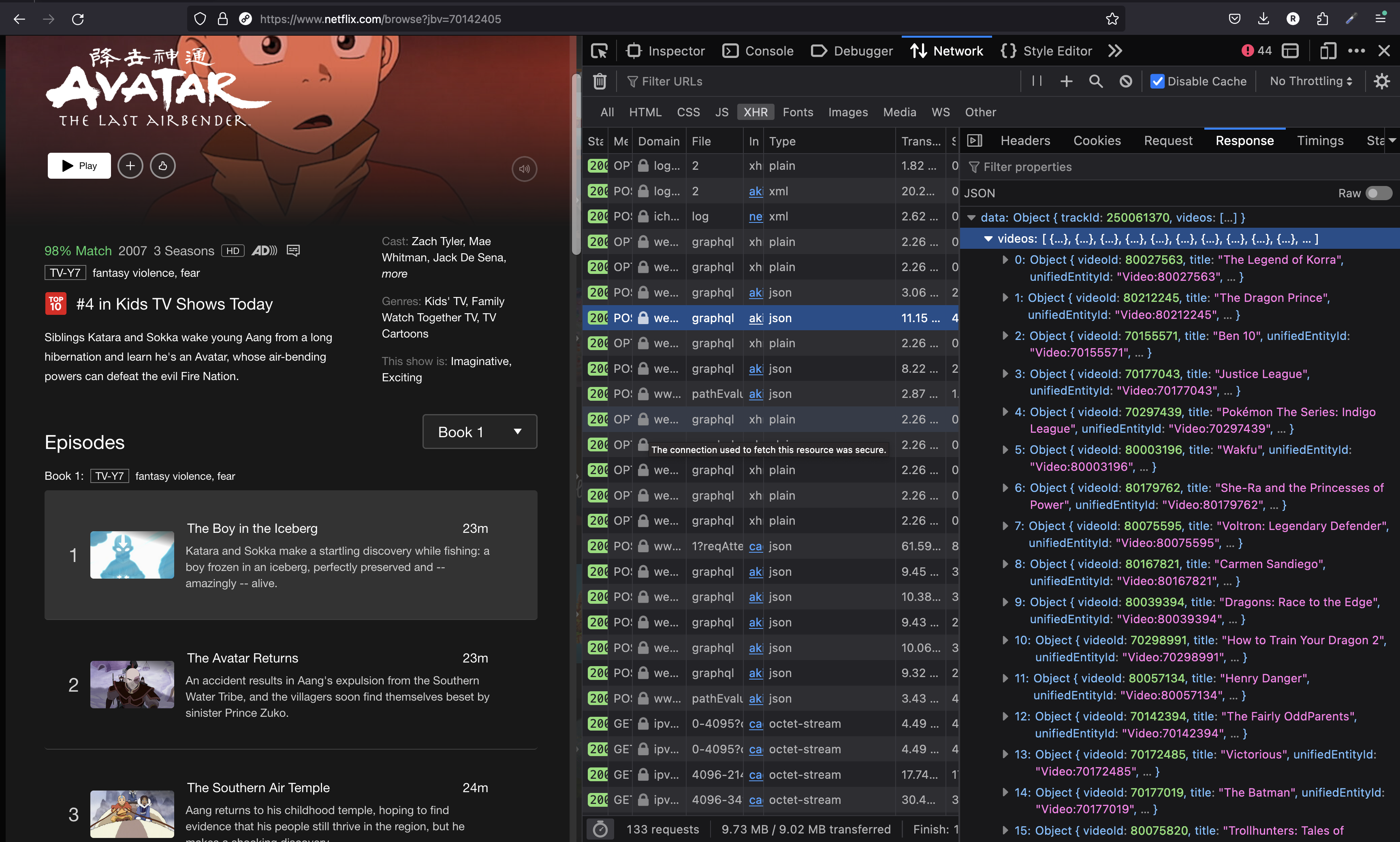 Netflix page on Avatar series showing a network request that returns the list of episodes