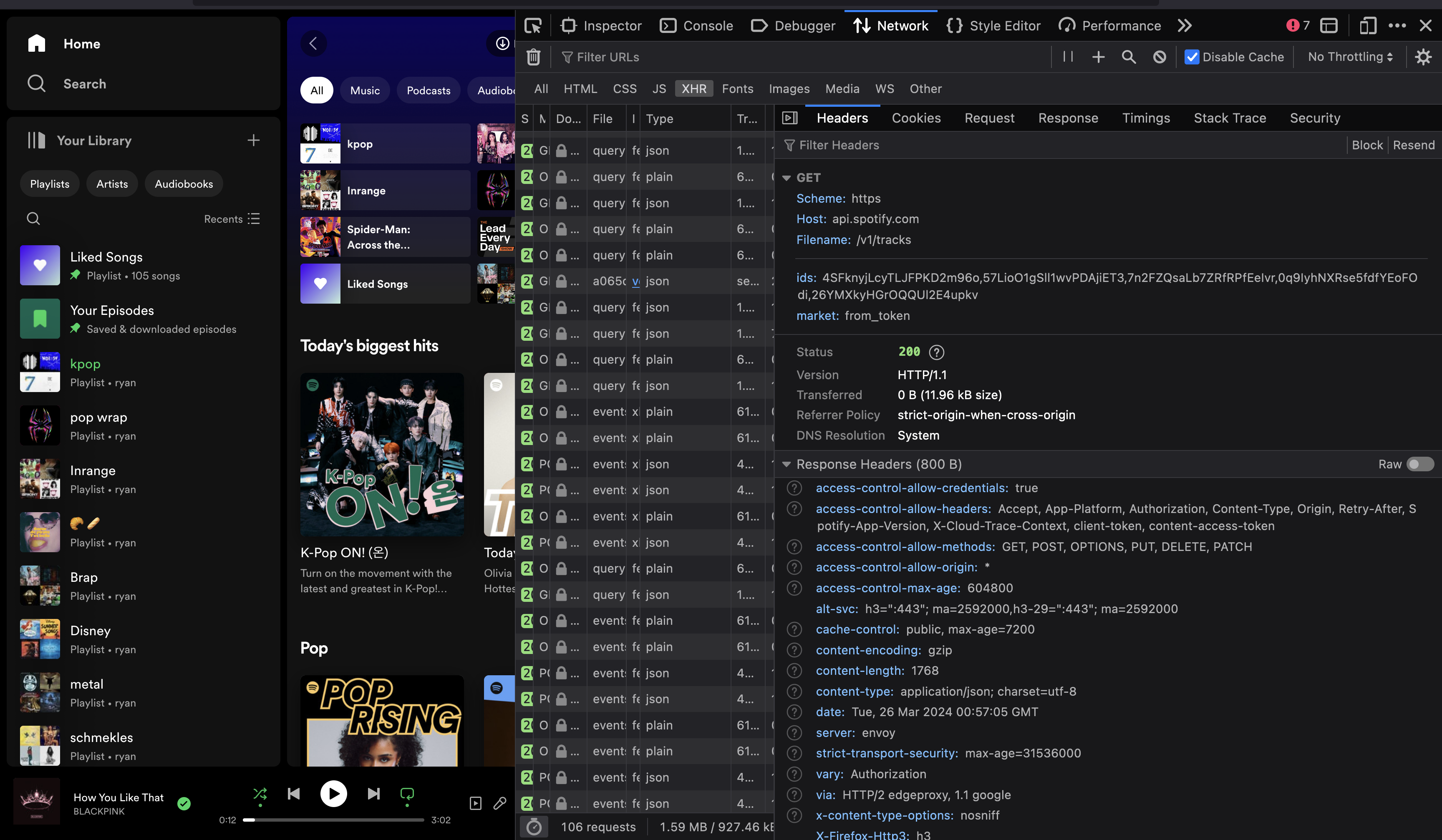 Spotify page showing an API call to their API getting tracks