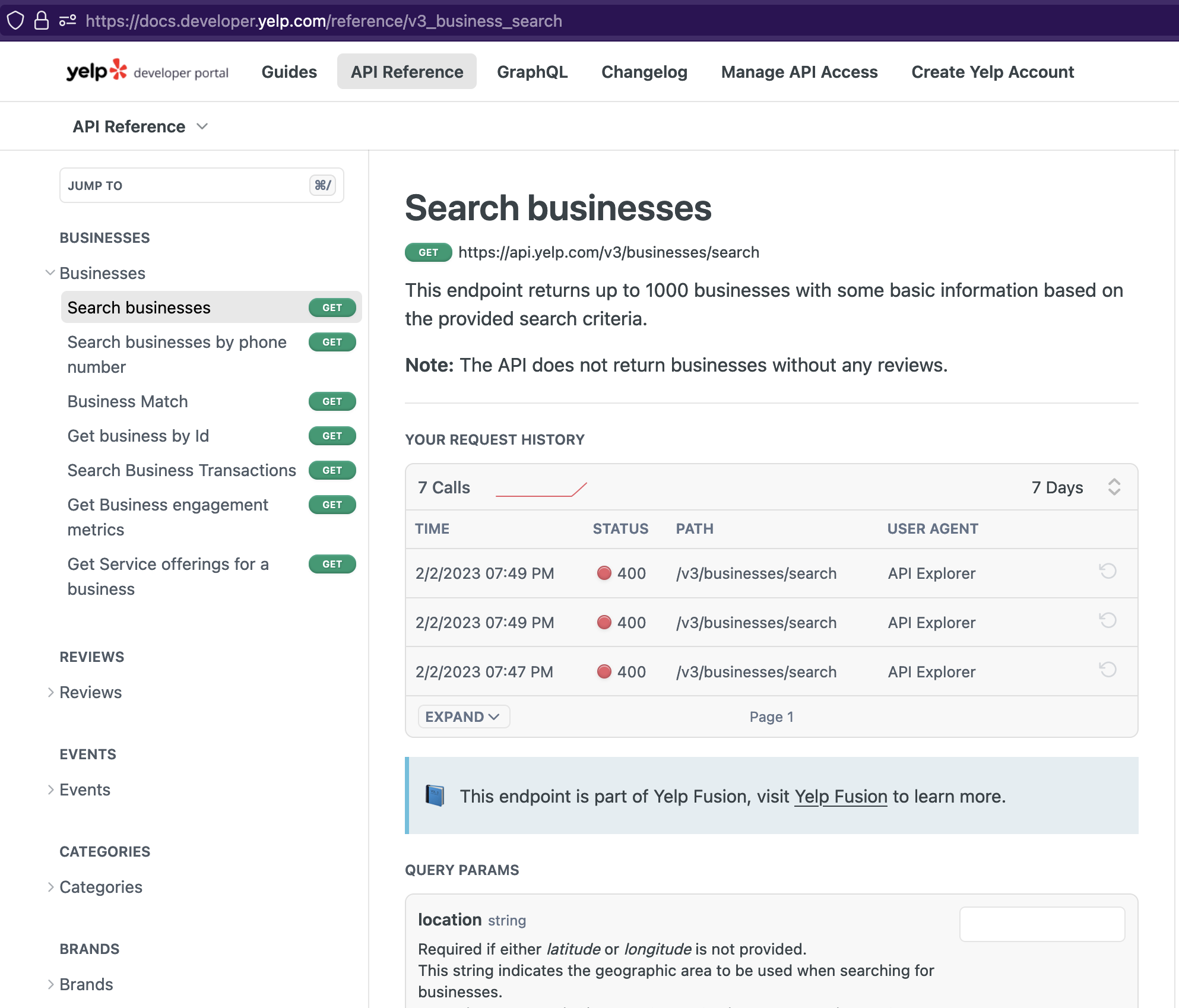 Yelp endpoint list