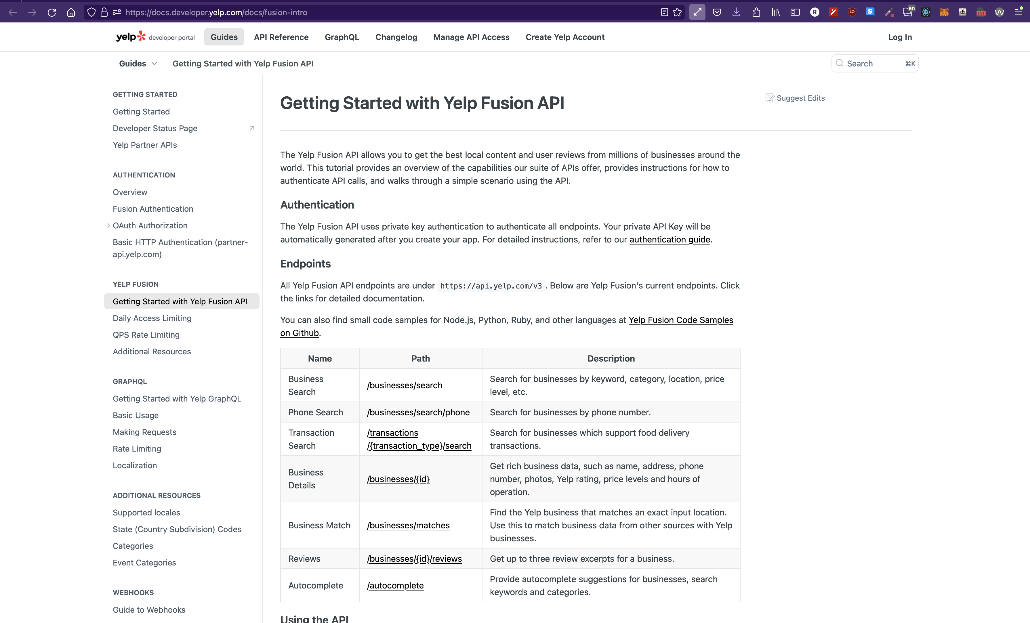 Yelp Fusion API homepage