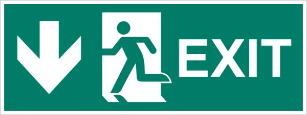 ISO 7010 E001 (DOWN) Emergency exit (left hand) (down) sign — Emergency / Escape safety pictogram