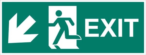 ISO 7010 E001 (DOWN-LEFT) Emergency exit (left hand) (down-left) sign — Emergency / Escape safety pictogram