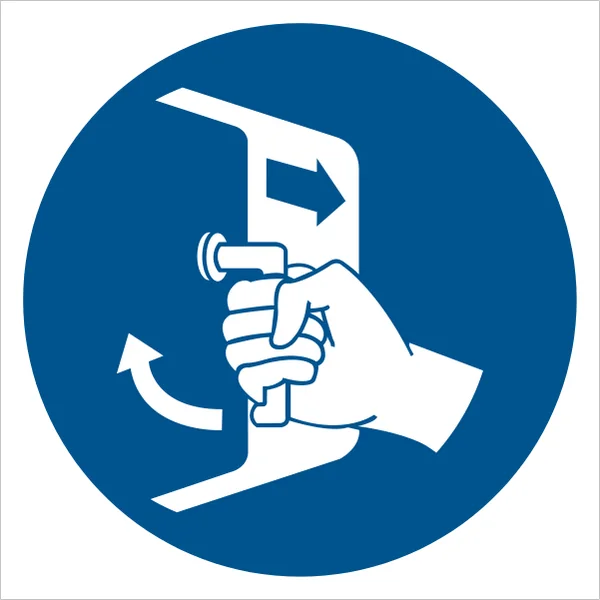 ISO 7010 M037 Close and secure hatches in launch sequence sign — Mandatory safety pictogram