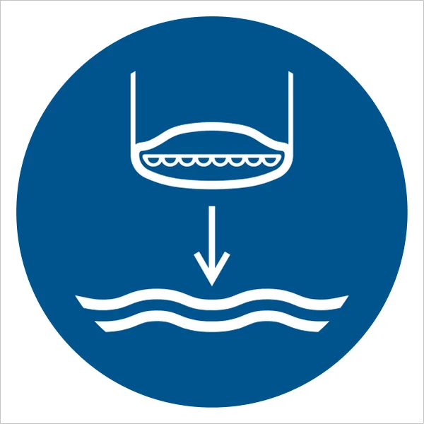 ISO 7010 M039 Lower lifeboat to the water in launch sequence sign — Mandatory safety pictogram
