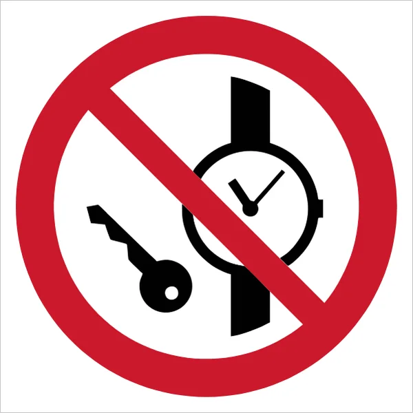 ISO 7010 P008 No metallic articles or watches sign — Prohibition safety pictogram