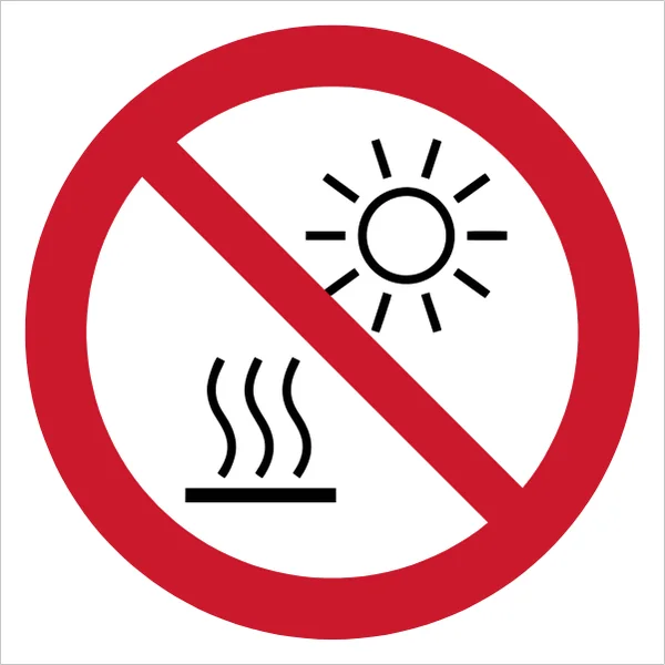 ISO 7010 P068 Do not expose to direct sunlight or hot surface sign — Prohibition safety pictogram