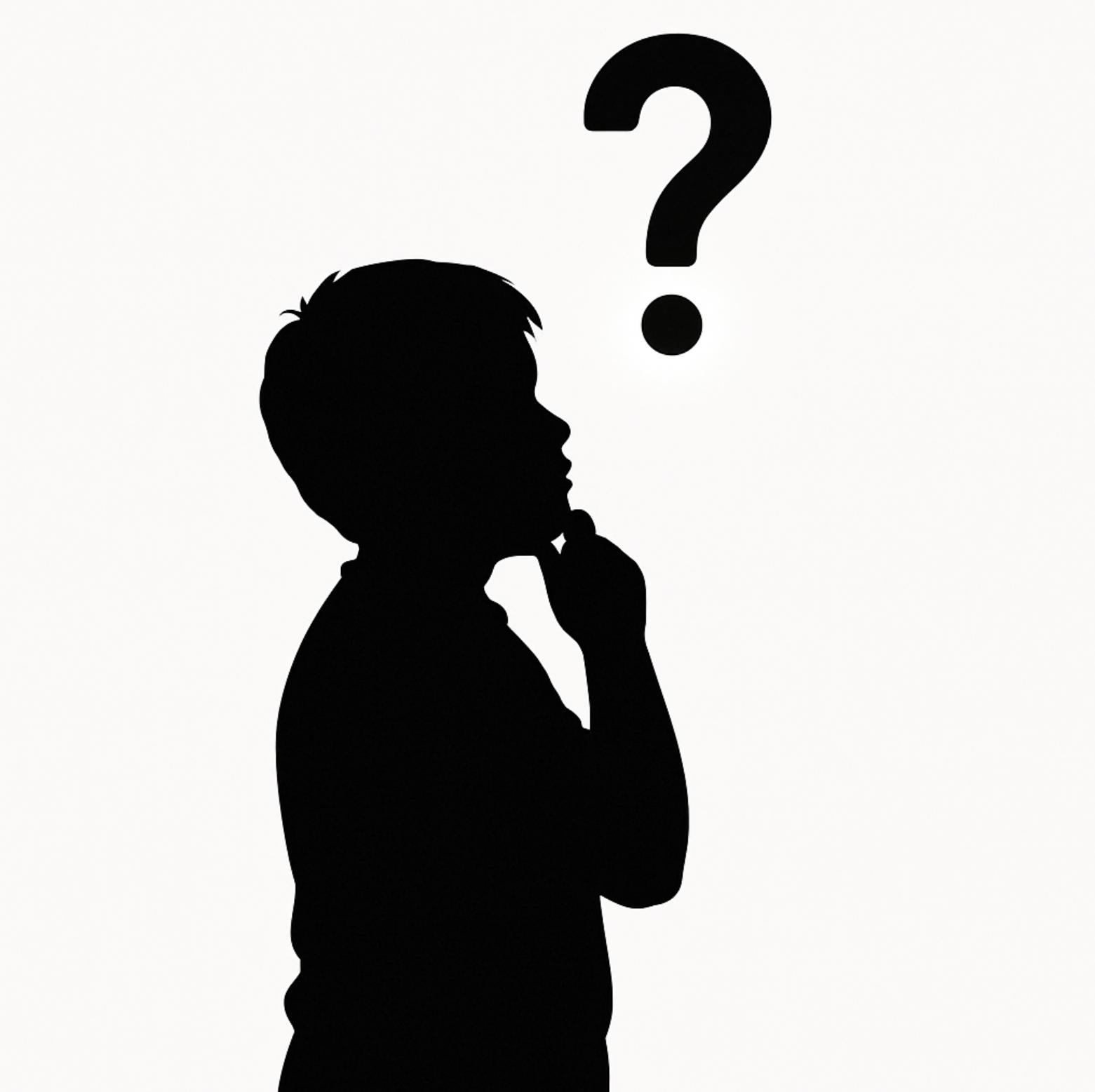 Silhouette of a boy pausing in thought with a question mark overhead
