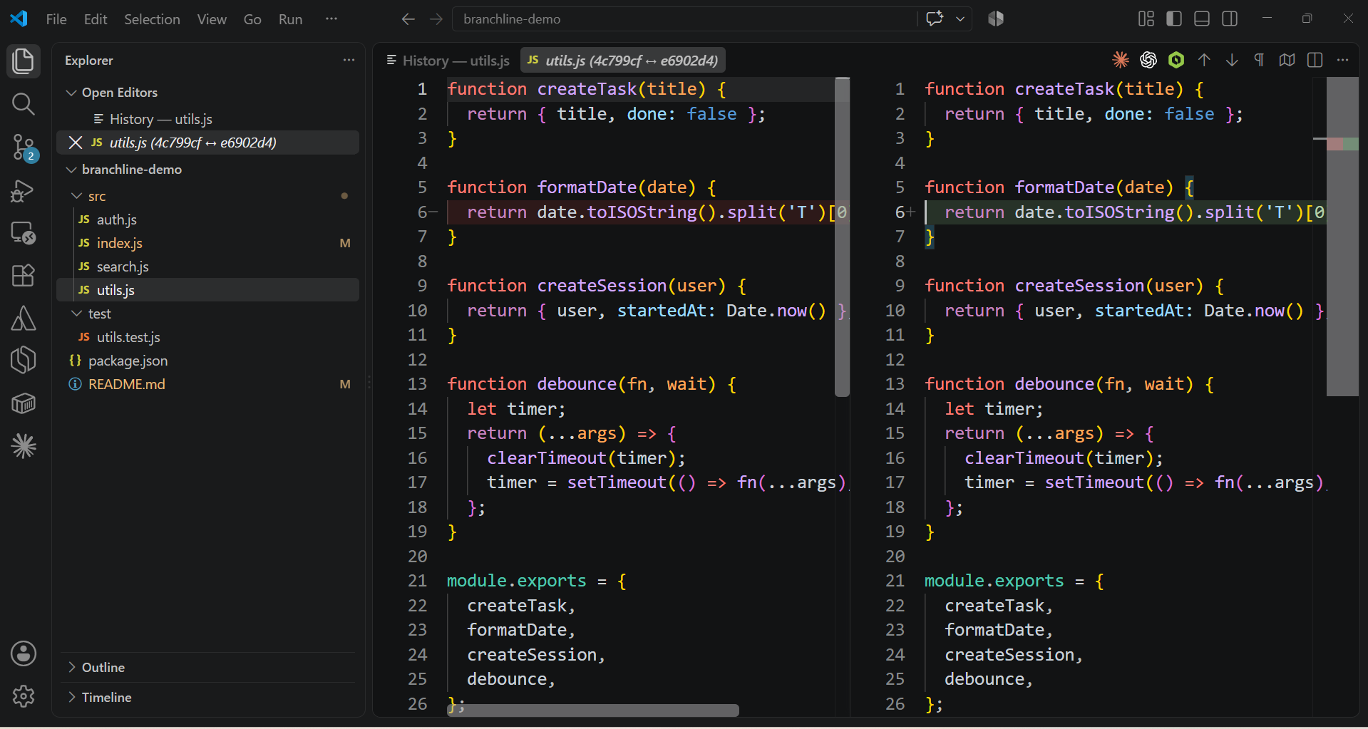Native side-by-side diff, opened straight from the file history
