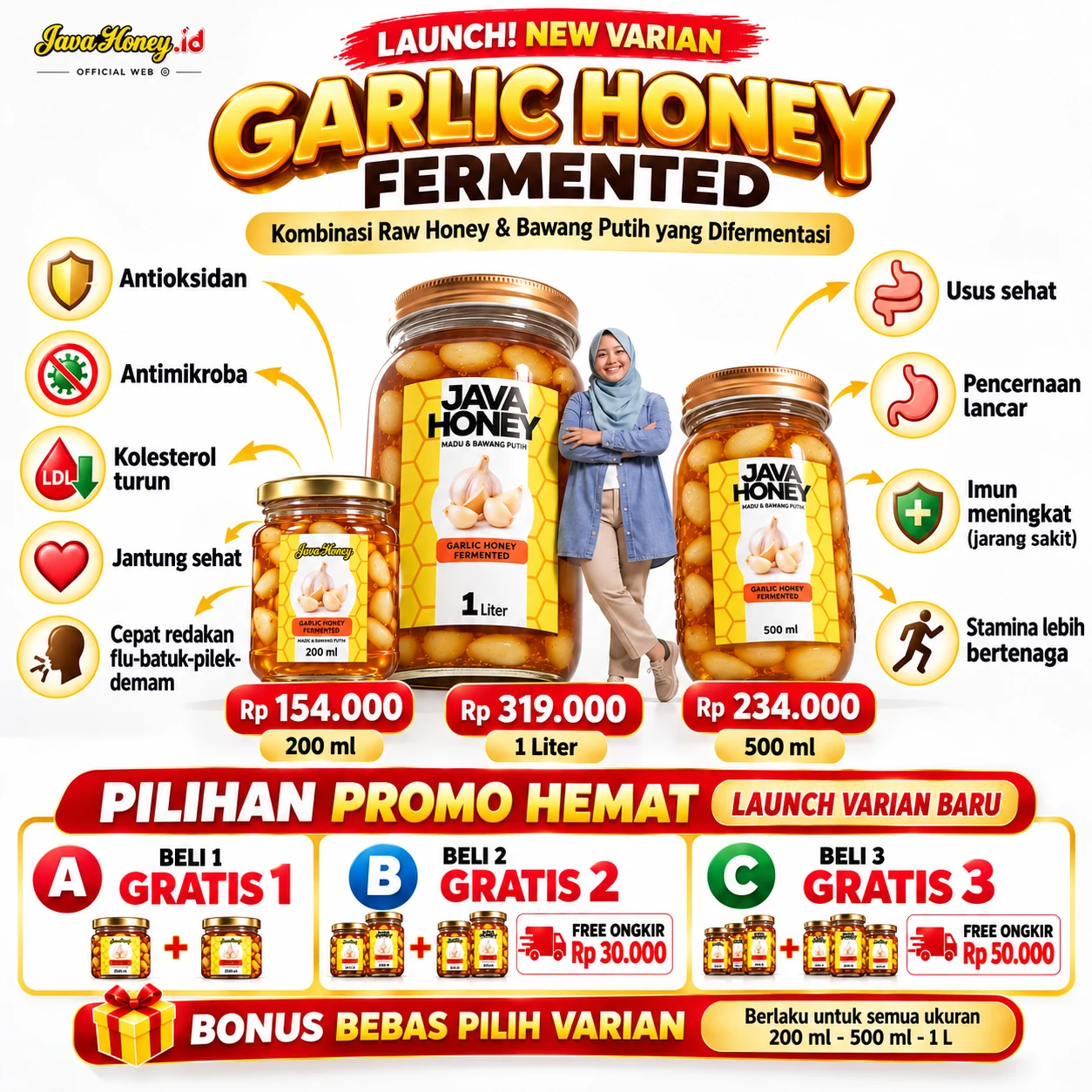 Javahoney Garlic Honey Fermented: 200 ml Rp154.000, 1 Liter Rp319.000, 500 ml Rp234.000, promo beli gratis bonus