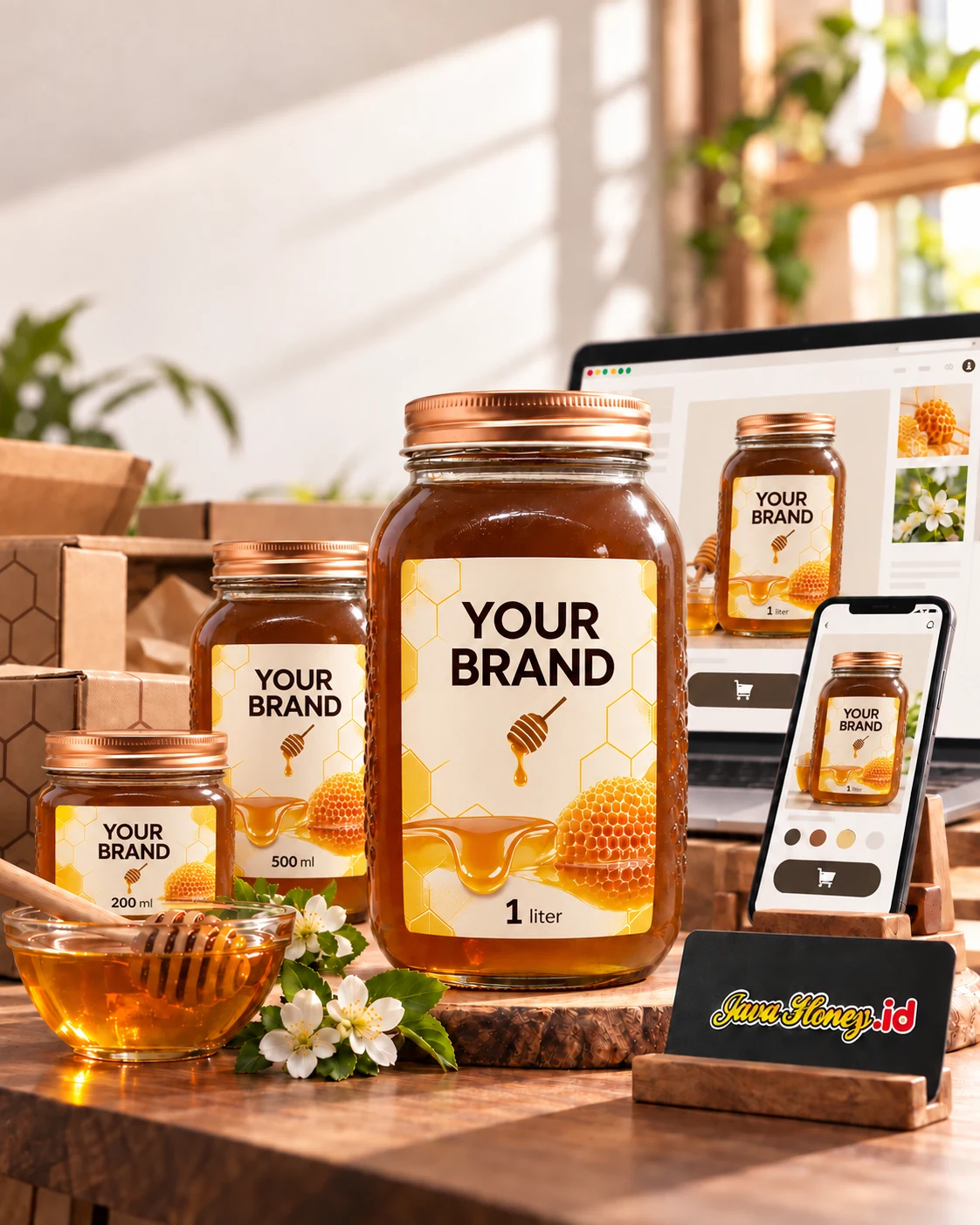 Produk YOUR BRAND 200ml, 500ml dan 1 liter dengan toko online dan packaging.