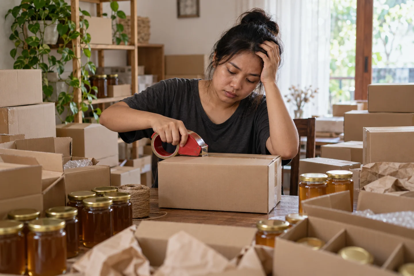 Ilustrasi pemilik usaha mengerjakan packing paket sendiri