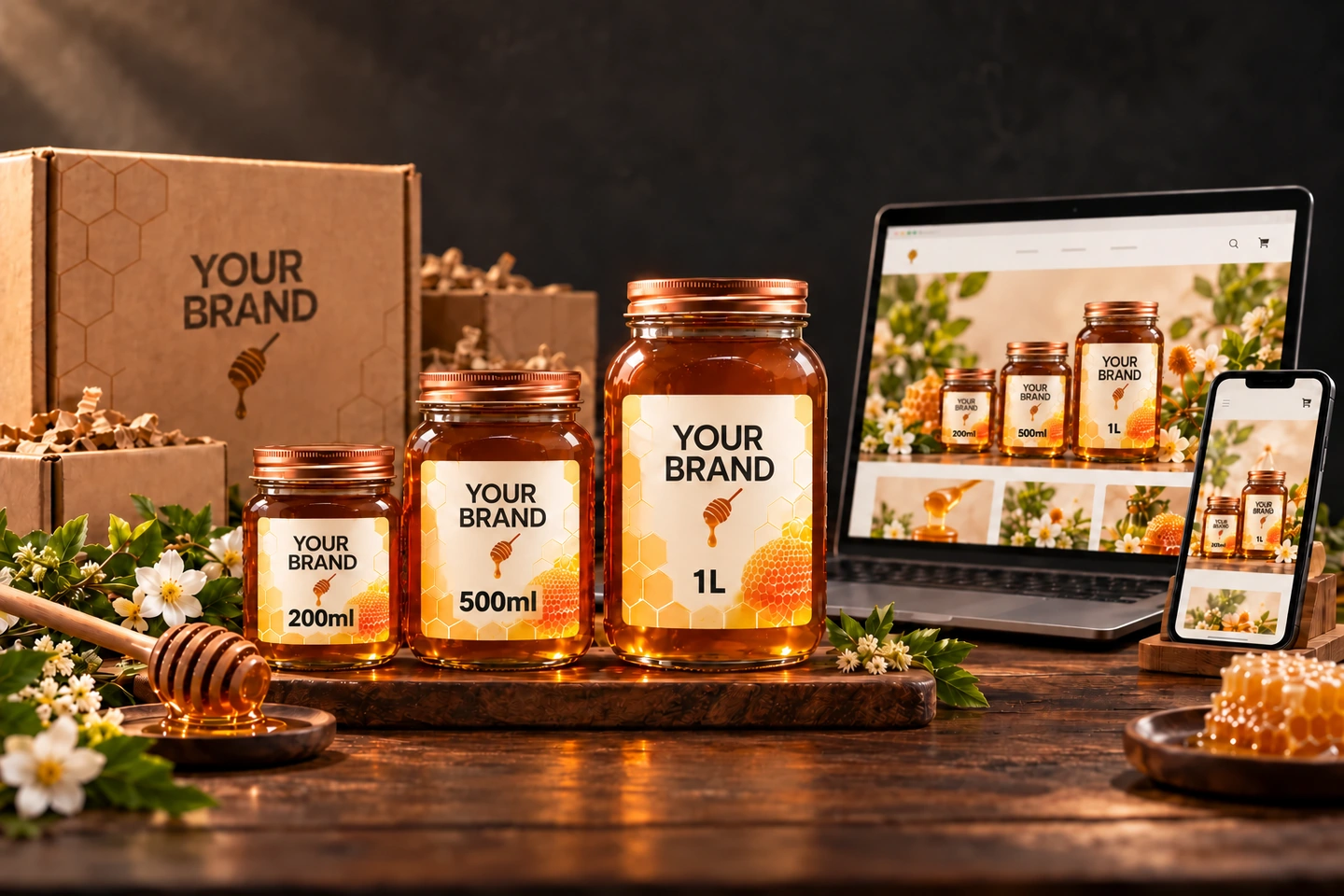 Mockup konsep ekosistem YOUR BRAND: keluarga produk madu, kemasan, website dan smartphone