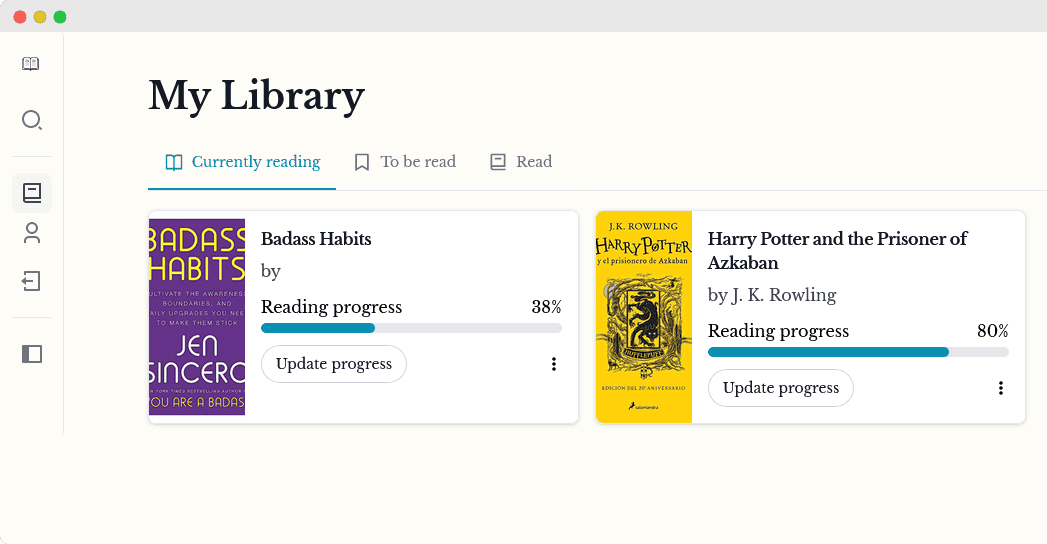 Screenshot of BookLogr's library dashboard, with sample books and ratings demonstrating various capabilities of the application.