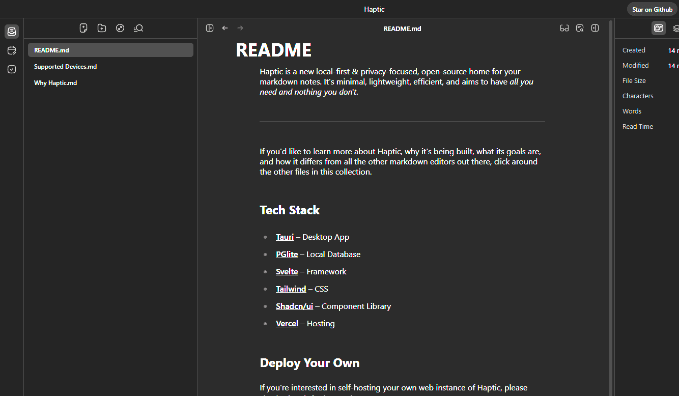 Screenshot from Haptic's web application, showcasing its minimal interface and basic structure.