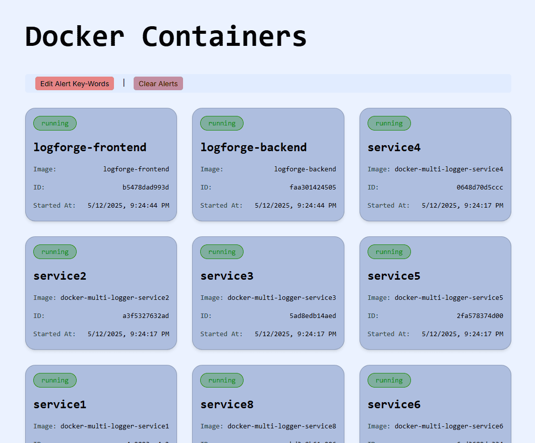 A screenshot of LogForge's dashboard featuring a grid of running Docker containers with status labels and details including image, container ID, and start time.