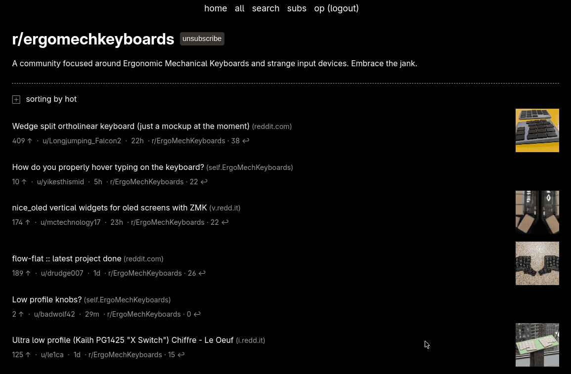 A screenshot of Lurker in-use viewing r/ergomechkeyboards with a dark theme, navigation options at the top, and the typical Reddit post listing in the body of the page.