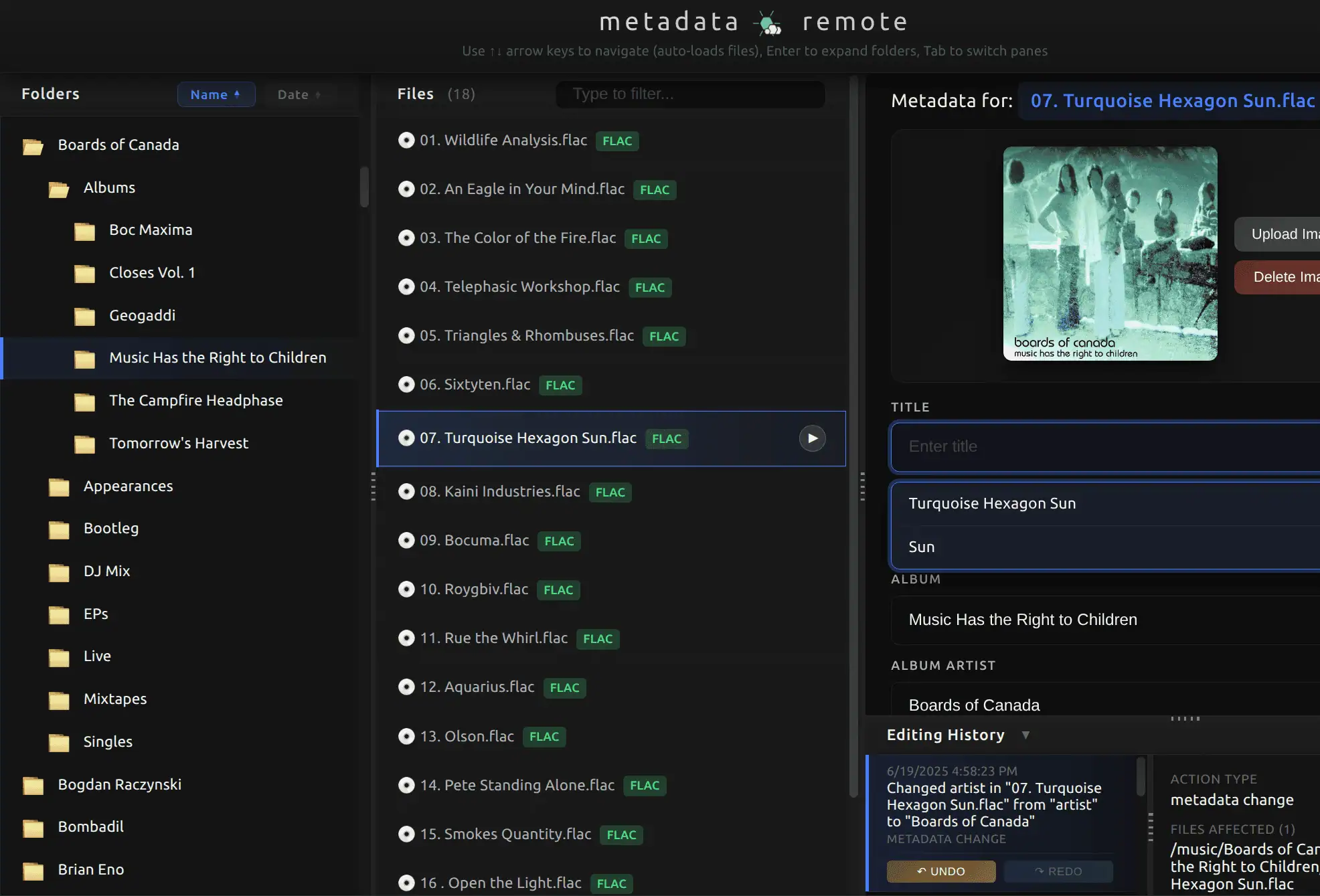 A screenshot of the app's interface featuring a folder directory tree on the left and the various options for editing an item's metadata on the right.