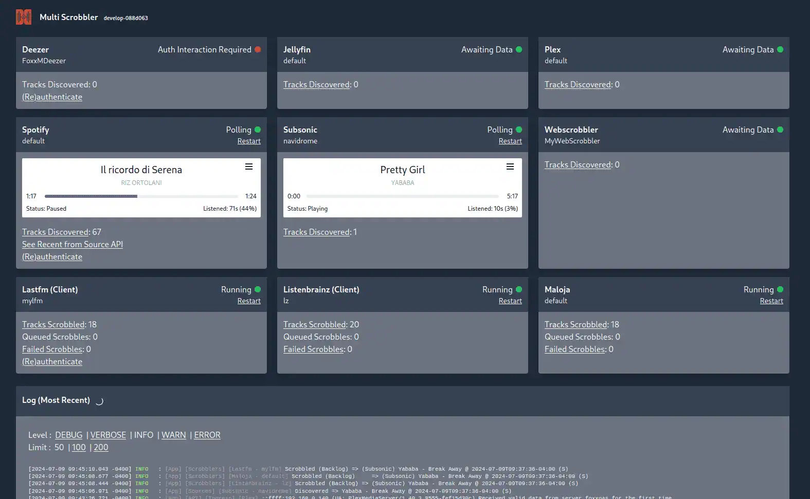 Screenshot of the platform's web interface, which includes a status overview of connected sources and a section to capture application and service logs.