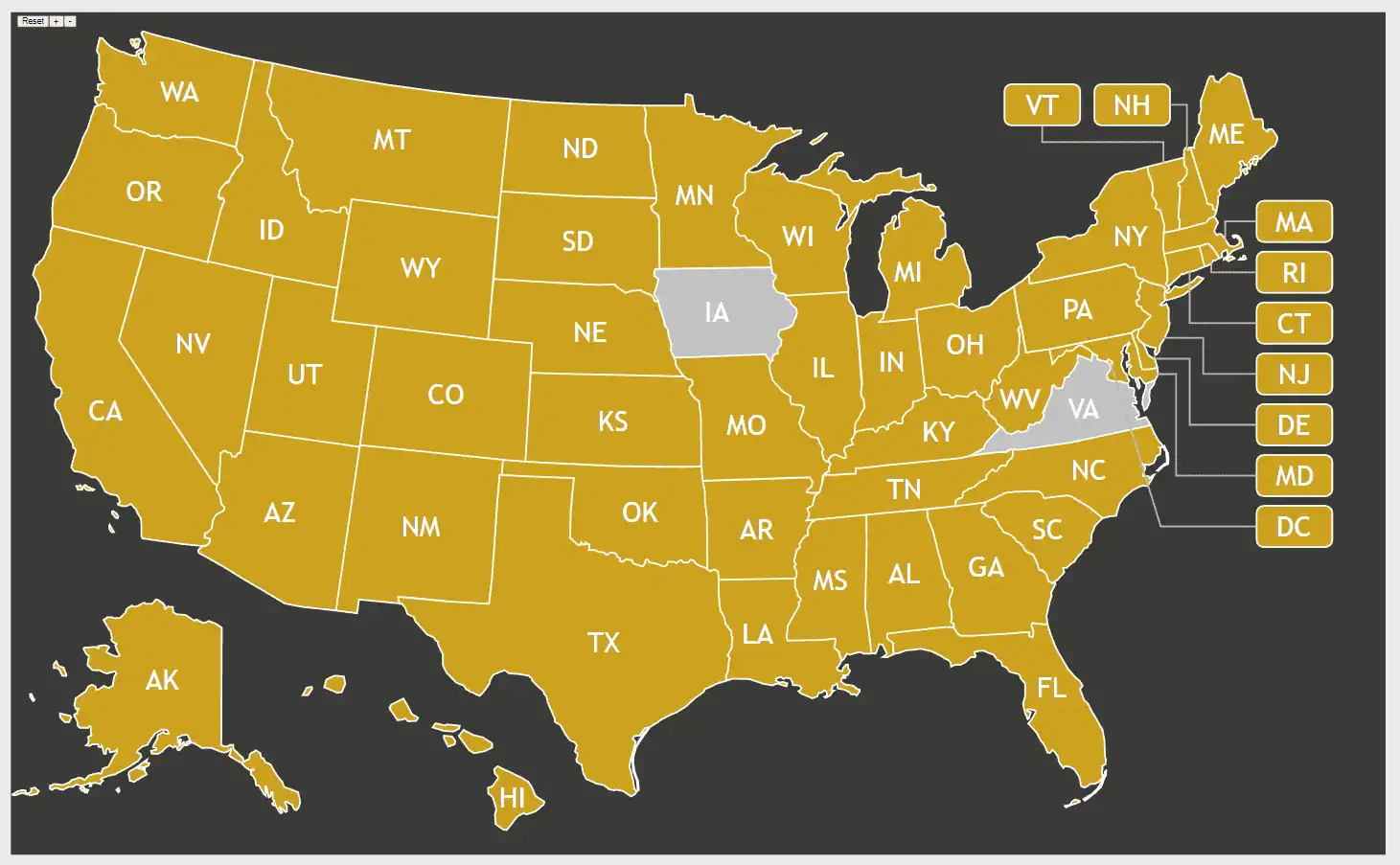 A screenshot of Scratch Map's interface featuring a map of the U.S. with yellow color-coded states demonstrating those that have been visited.