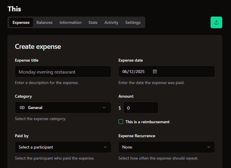 A screenshot of Spliit's expense splitting interface featuring fields for expense title, date, amount, category, recurrence, and participant selection.