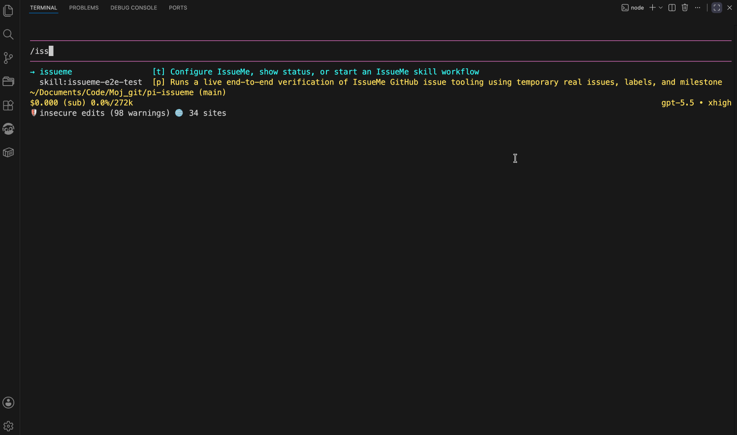 IssueMe demo: manage GitHub issues from pi