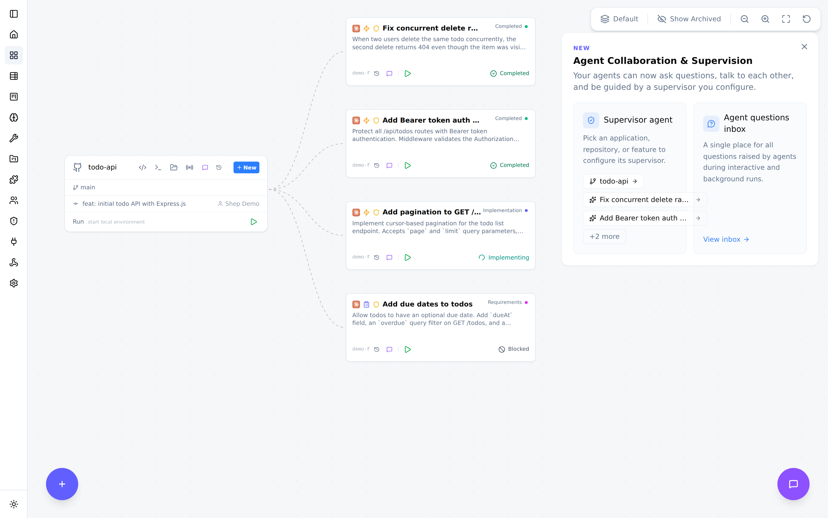 Shep control center — live graph of repositories and features with real-time status