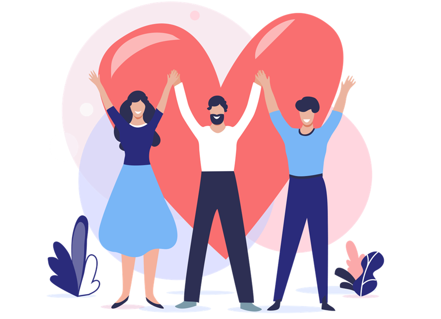 Three people holding hands in front of hearts