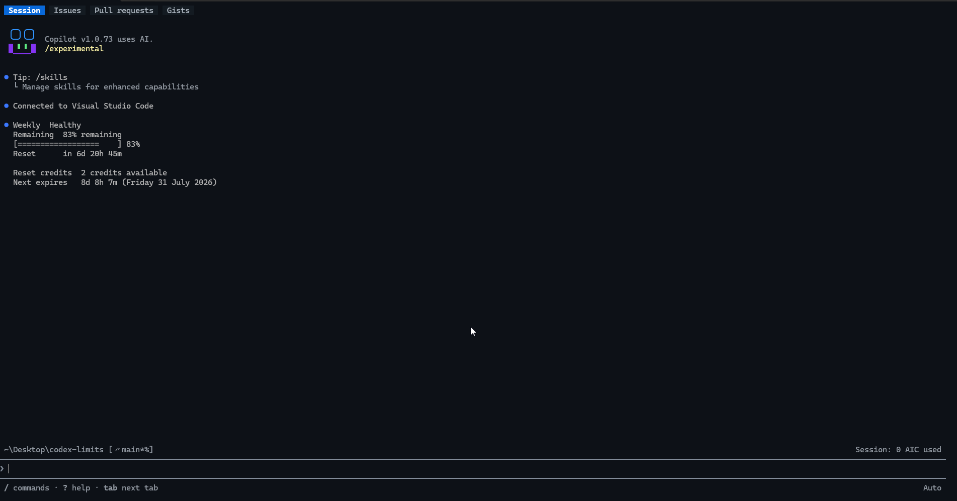 GitHub Copilot CLI codex-limits integration screenshot