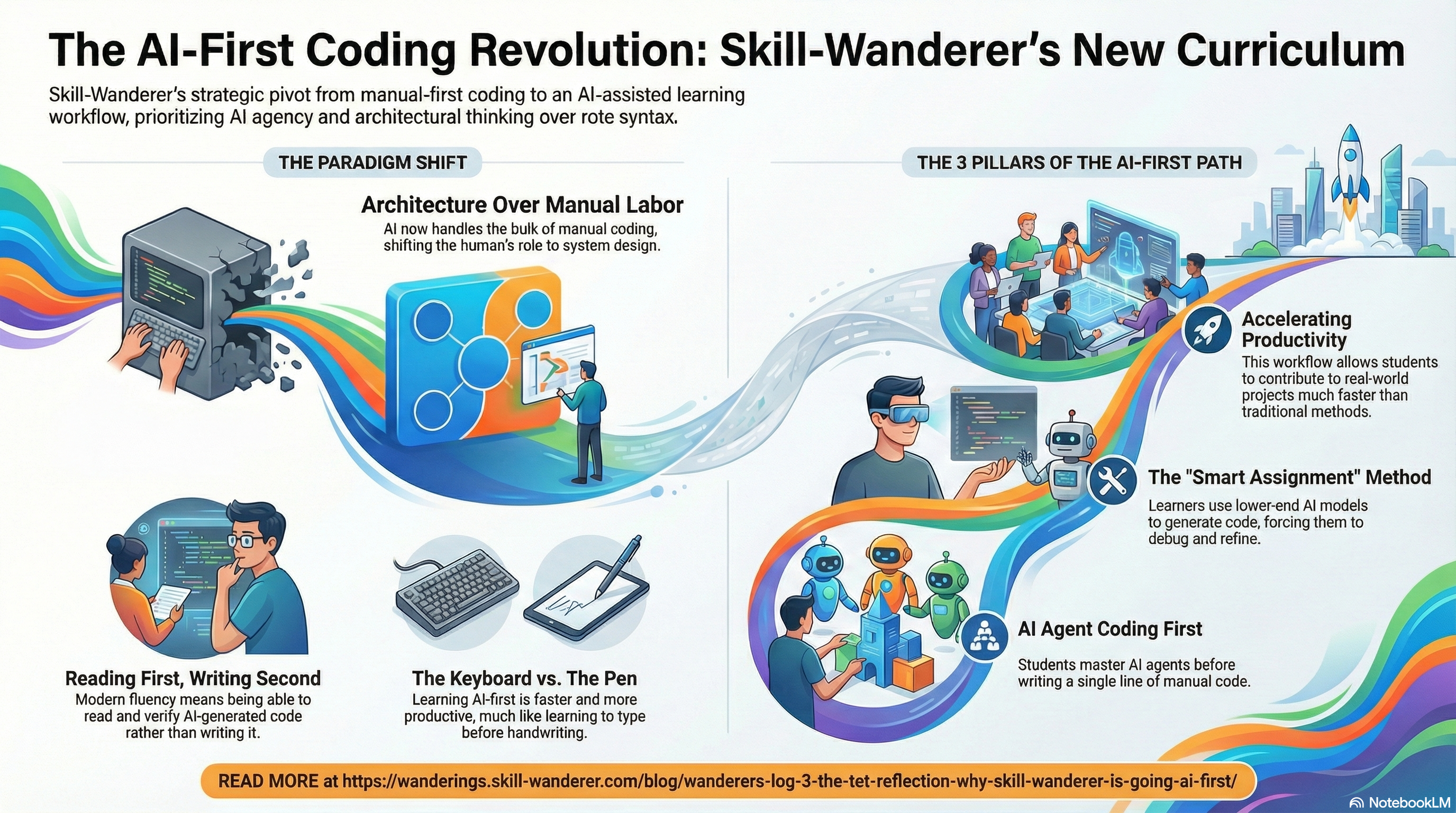 AI-First Curriculum Infographic — The pivot, three pillars, and new learning path