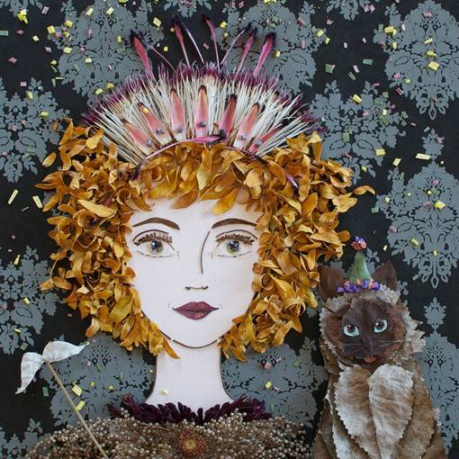 花和叶子拼贴创作的女性人物肖像绘画