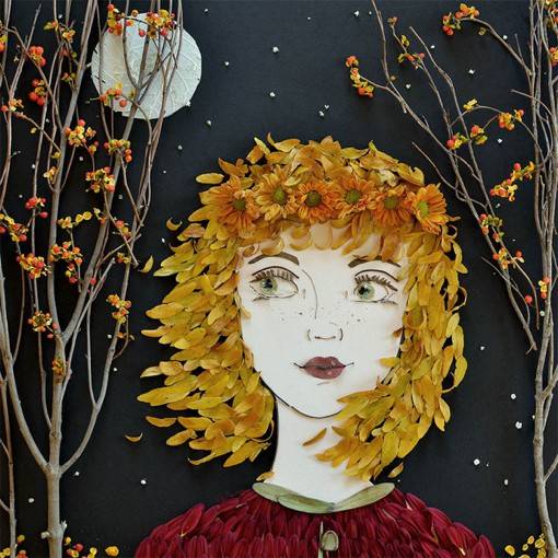 花和叶子拼贴创作的女性人物肖像绘画
