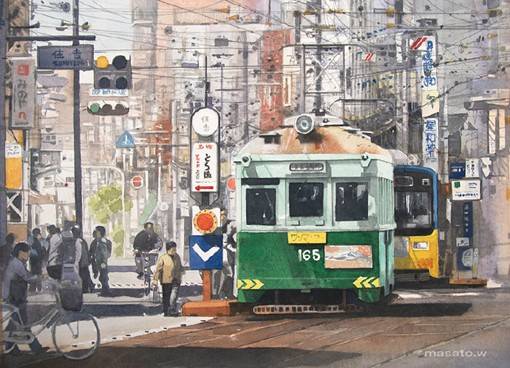 水彩画家渡部政人的日本城市街头风光水彩画