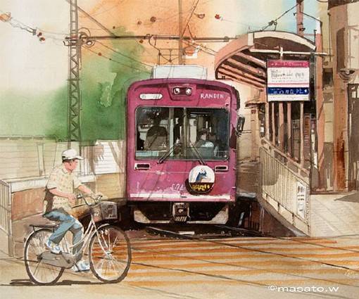 水彩画家渡部政人的日本城市街头风光水彩画