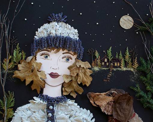 花和叶子拼贴创作的女性人物肖像绘画