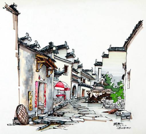国人画师卢国新的马克笔建筑绘画写生作品